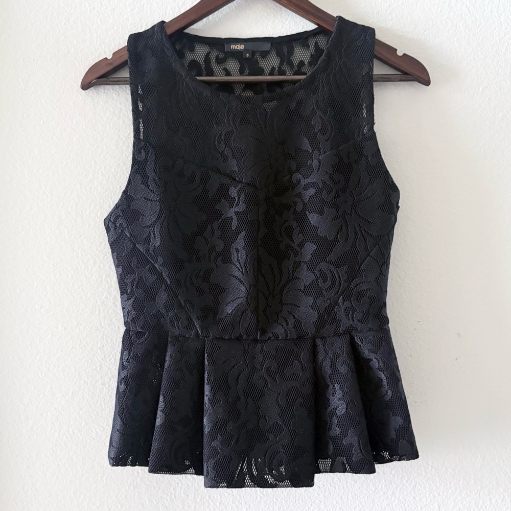 MAJE Structured Black Lace Sheer Yoke Peplum‎ Top | Size 3 | NEW w/out Tags